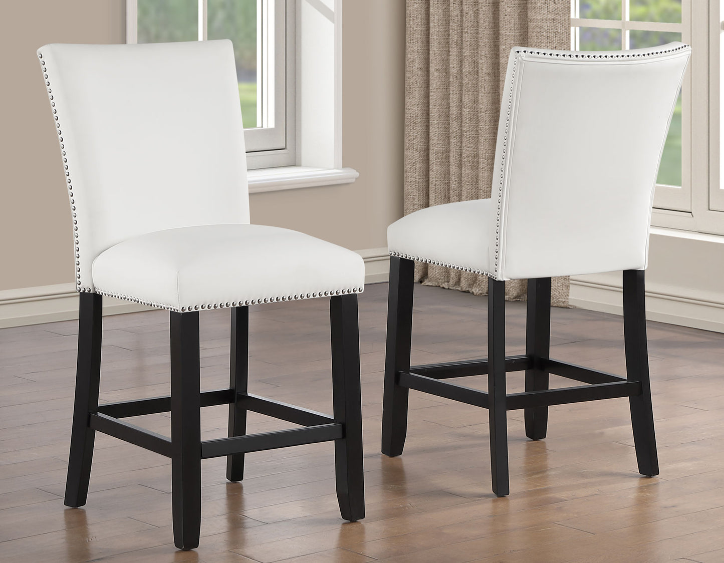 Artemis 5-piece 54″ Square White Marble Counter Table with 4 Artemis White Vegan Leather Counter Chairs