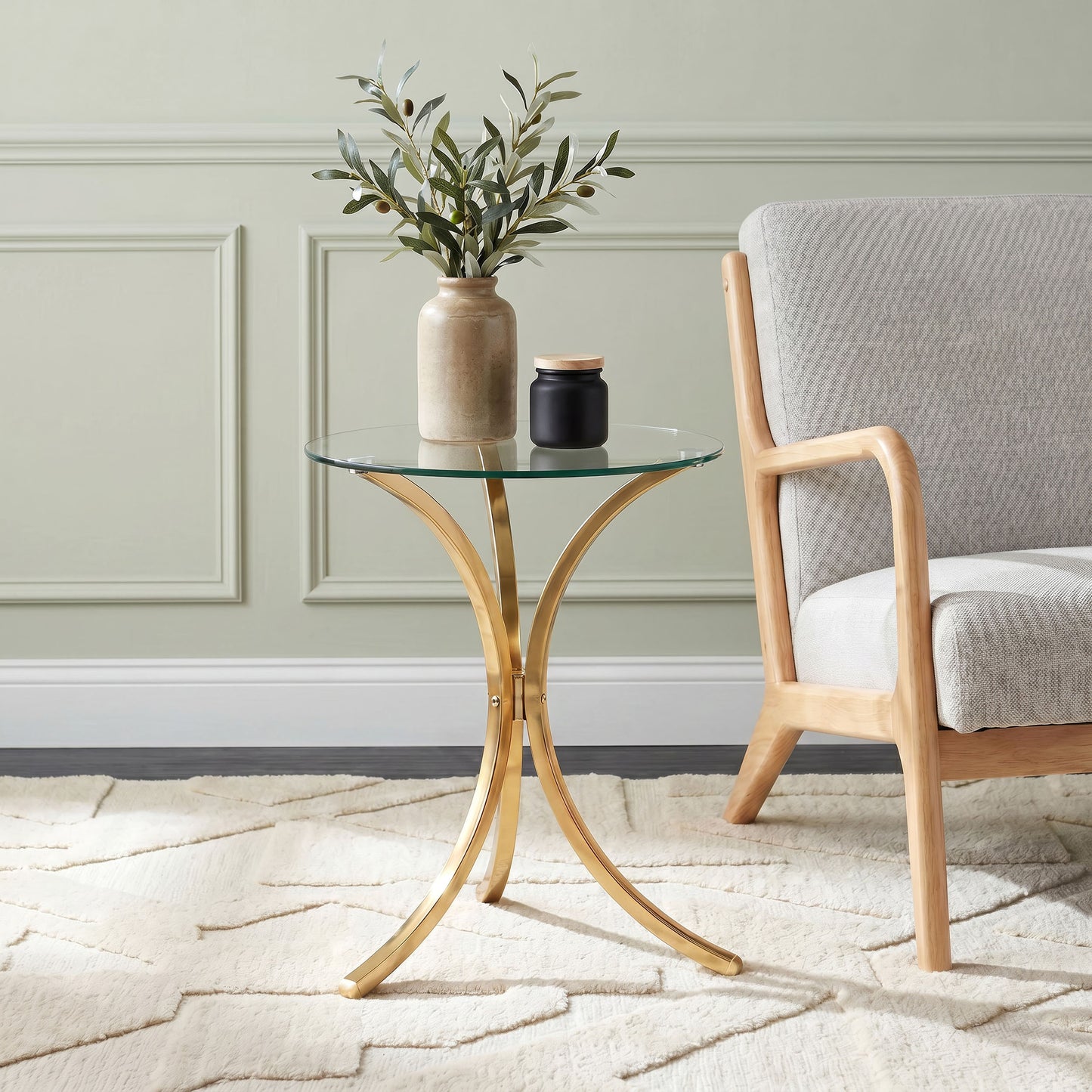 Eloise Round Glass Top Curved Metal Side Table Gold
