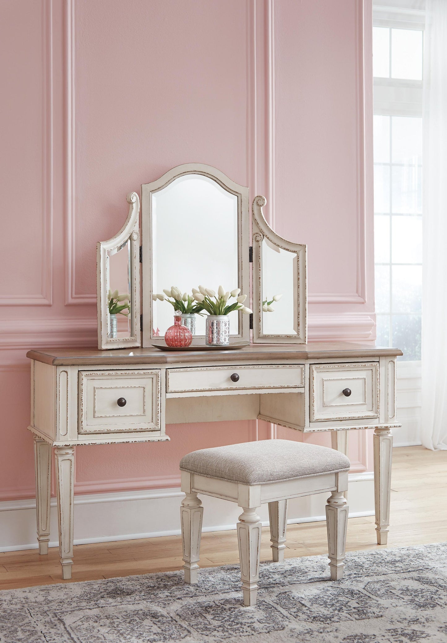 Realyn Vanity/Mirror/Stool (3/CN) - Discount Furniture Connection
