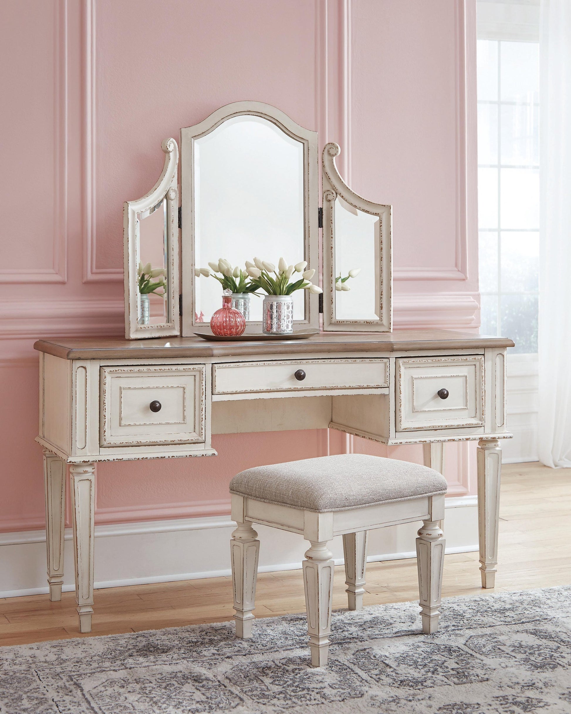 Realyn Vanity/Mirror/Stool (3/CN) - Discount Furniture Connection