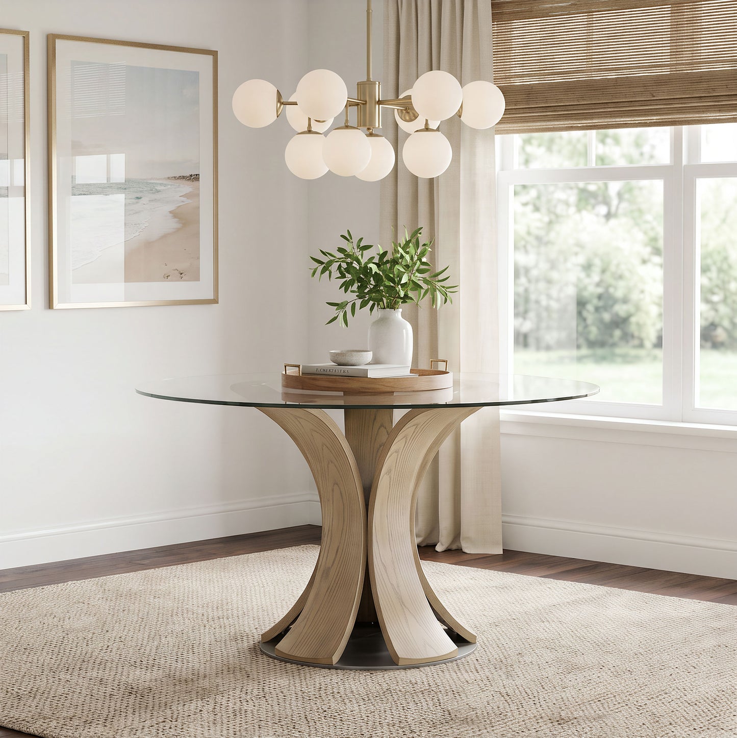 Naser 48-inch Round Glass Top Dining Table Light Oak