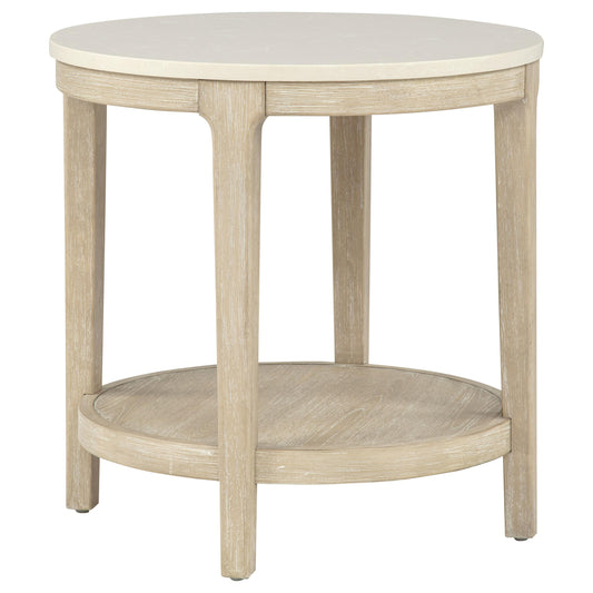 Lucaire Round Cultured Marble Top End Table Honed Cream and Sandstone