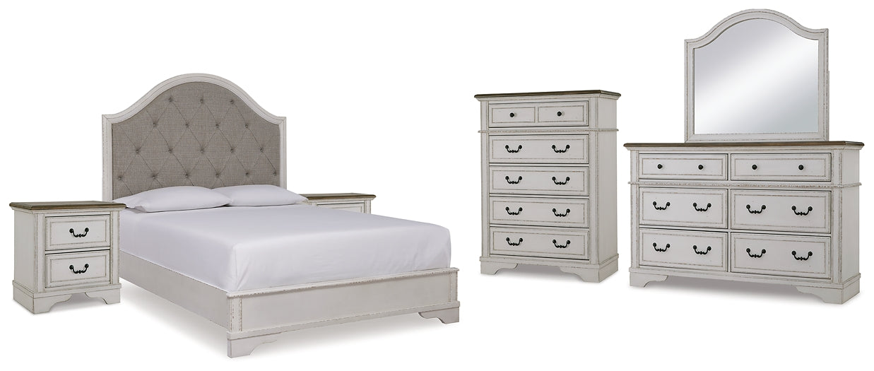 Brollyn Queen Upholstered Panel Bed with Mirrored Dresser, Chest and 2 Nightstands