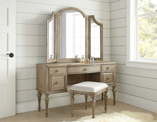 3-Piece Highland Park Vanity Set, Waxed Driftwood
(Vanity Desk, Tri-fold Mirror and Bench)