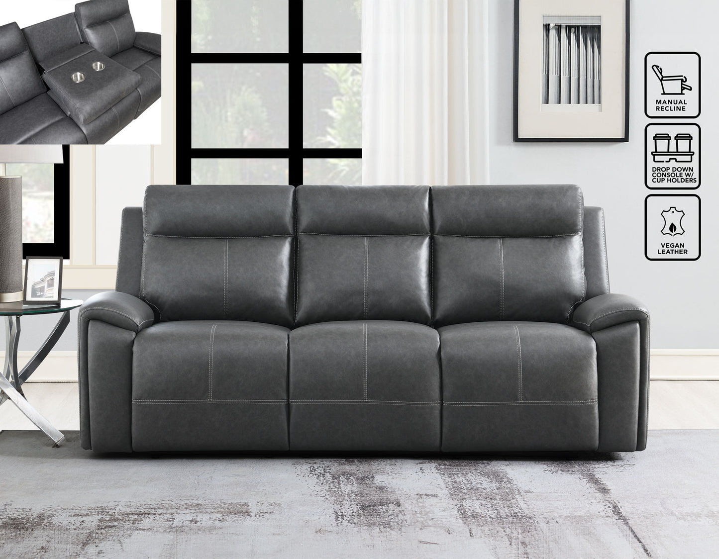 Gaston Sofa, Manual Reclining, Drop-Down Console