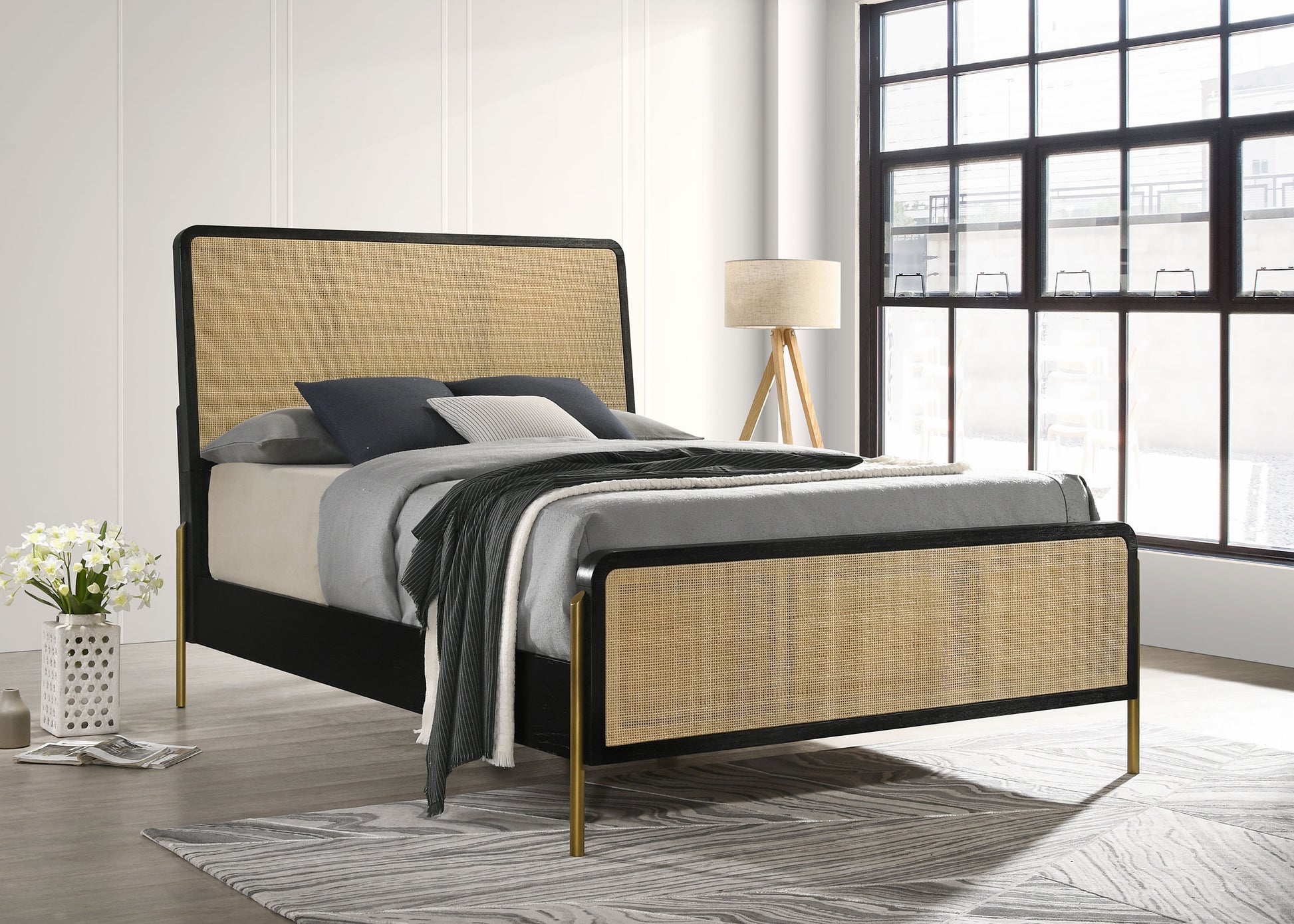 Arini Rattan Eastern King Panel Bed Black and Natural - Discount Furniture Connection