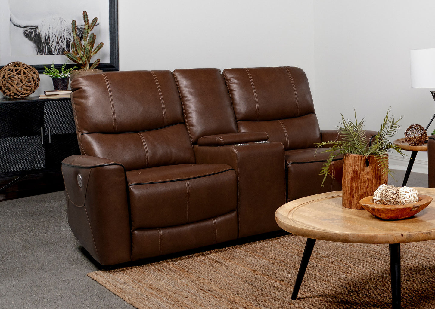 Greenfield Upholstered Power Reclining Loveseat Saddle Brown - Discount Furniture Connection